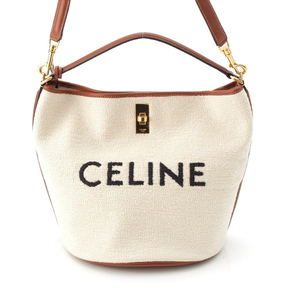 Celine Bucket Canvas Leather Shoulder Handbag White